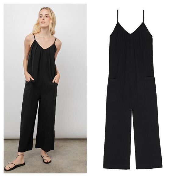 Rails Trucker Sleeveless Jumpsuit V-Neck Cotton Gauze Relaxed Black Women's XS - Picture 1 of 8
